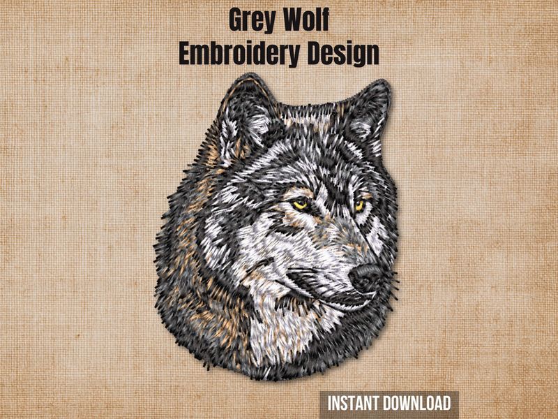 Grey Wolf embroidery design preview card on a beige background with instant download text.