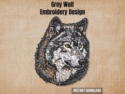 Grey Wolf embroidery design preview card on a beige background with instant download text.
