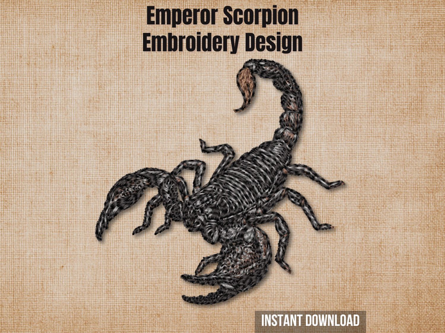 Emperor Scorpion embroidery design preview card on a beige background with instant download.