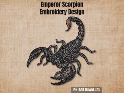 Emperor Scorpion embroidery design preview card on a beige background with instant download.