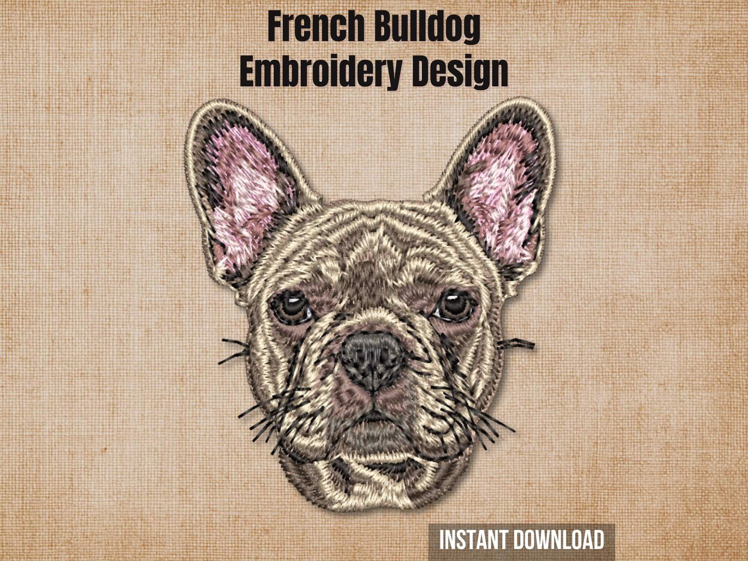 French Bulldog embroidery design preview card on a beige background with instant download text.