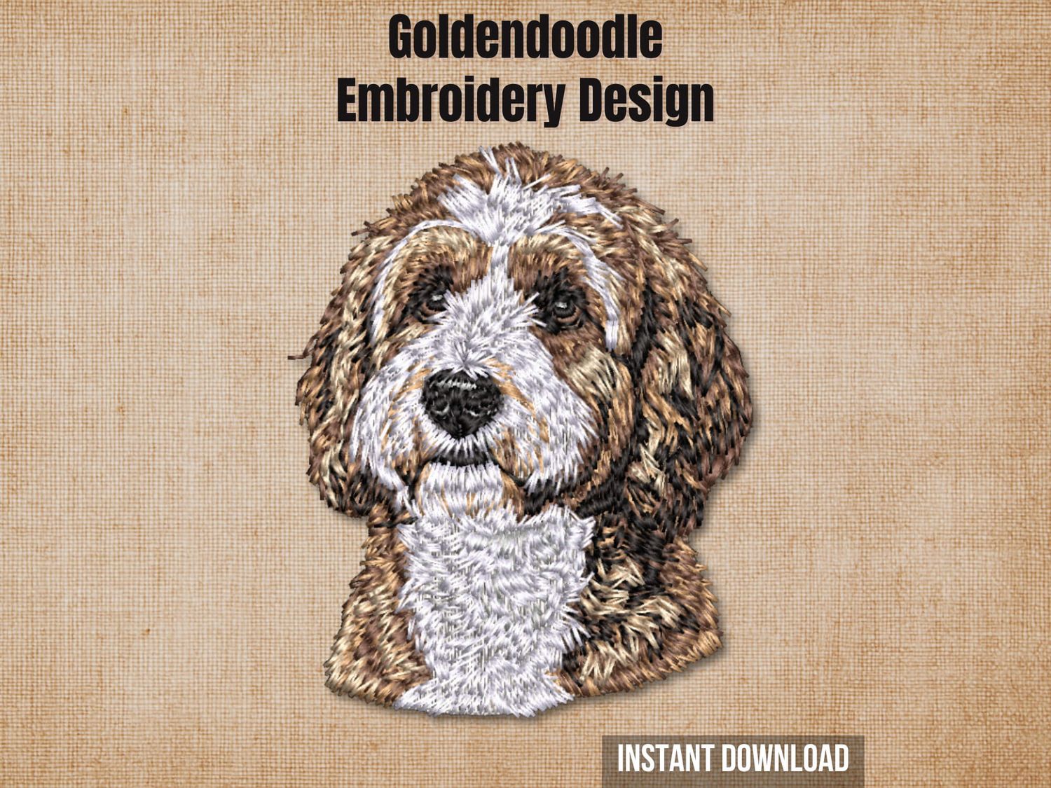Goldendoodle embroidery design preview card on a beige background with instant download text.