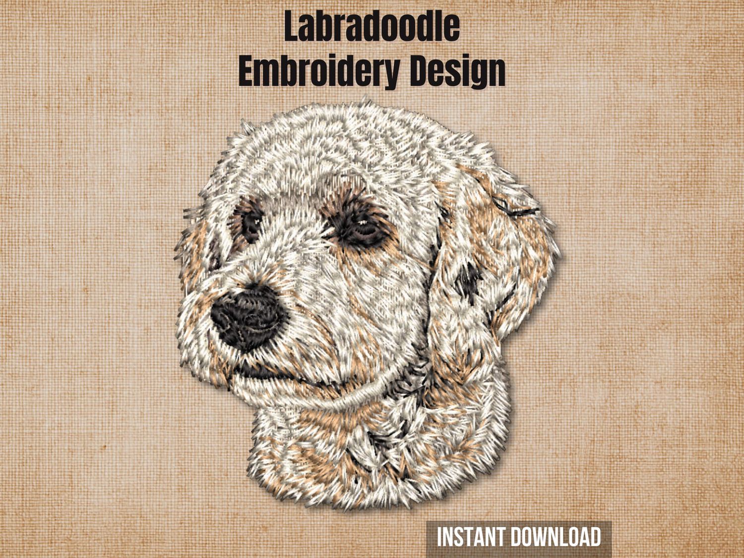 Labradoodle embroidery design preview card on a beige background with instant download text.