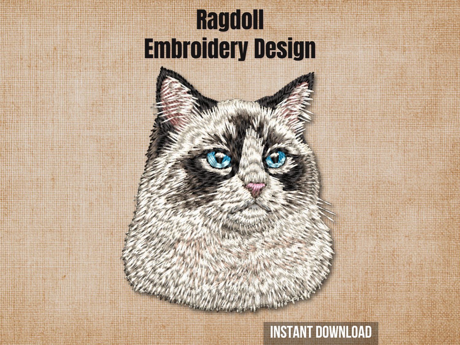 Ragdoll embroidery design, realistic cat portrait with blue eyes, cream and black fur, stitched in detailed texture, 100mm x 100mm hoop size.