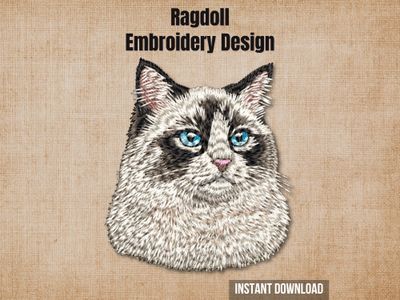 Ragdoll embroidery design, realistic cat portrait with blue eyes, cream and black fur, stitched in detailed texture, 100mm x 100mm hoop size.