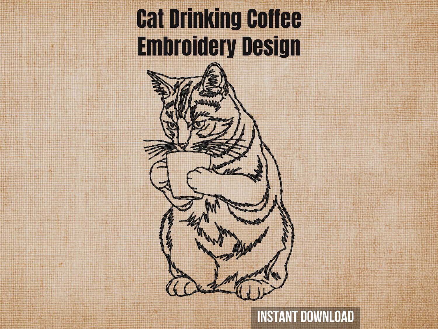 Minimalist line art of a cat drinking coffee, embroidery design, black outline on beige background, product illustration for craft projects.