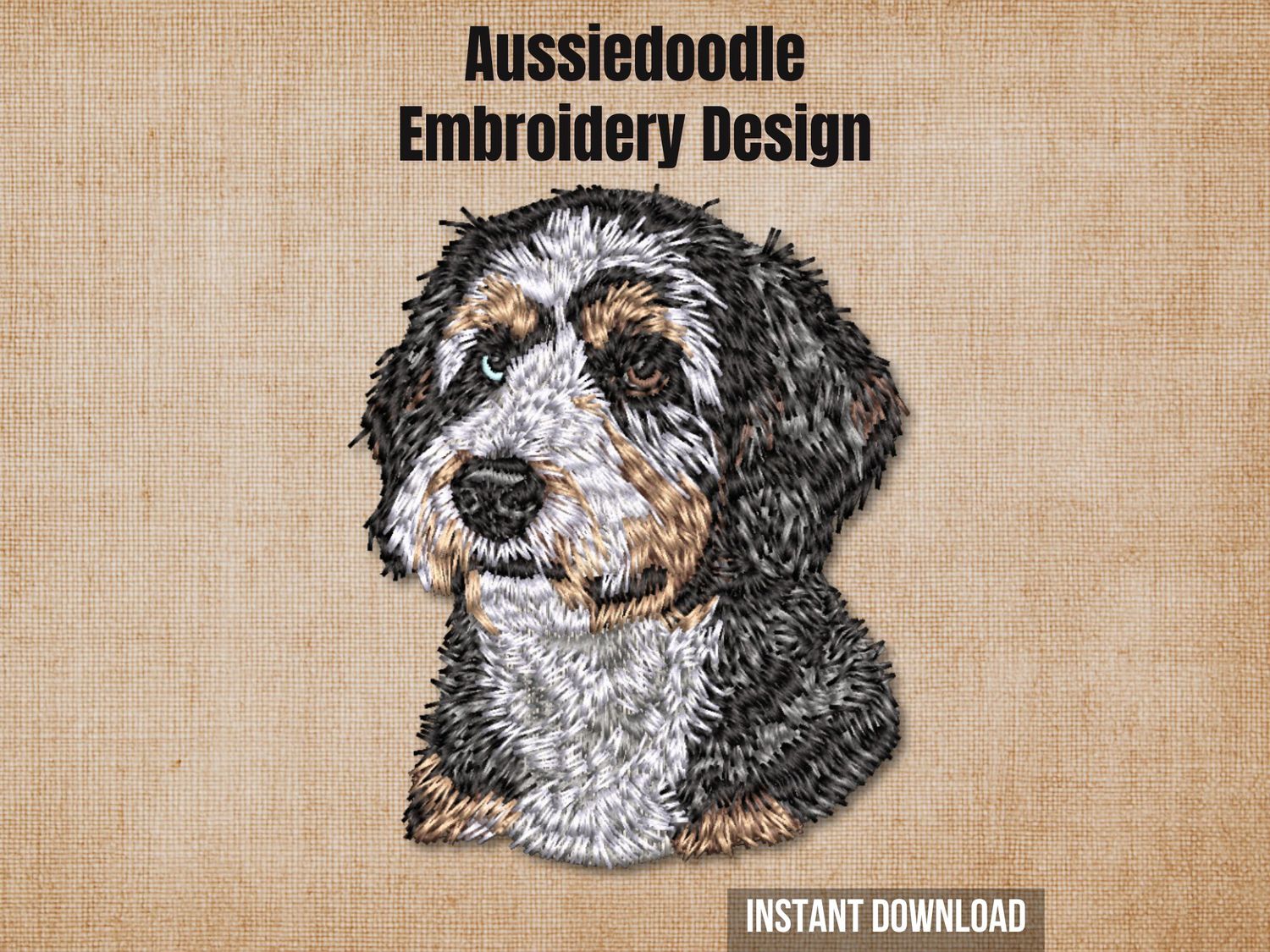 Aussiedoodle embroidery design, realistic portrait of a black, white, and tan dog with textured fur, perfect for pet memorials or custom apparel.