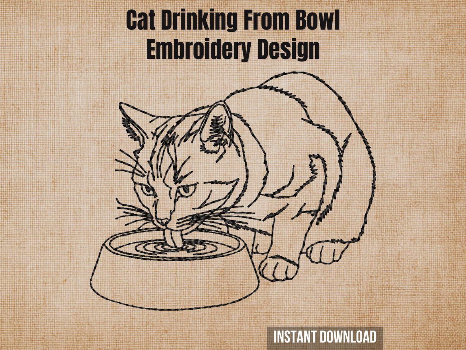 Minimalist line art of a cat drinking from bowl, simple black outline on beige background, embroidery design for 4x4 hoops.