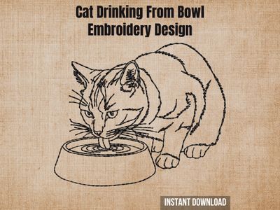 Minimalist line art of a cat drinking from bowl, simple black outline on beige background, embroidery design for 4x4 hoops.