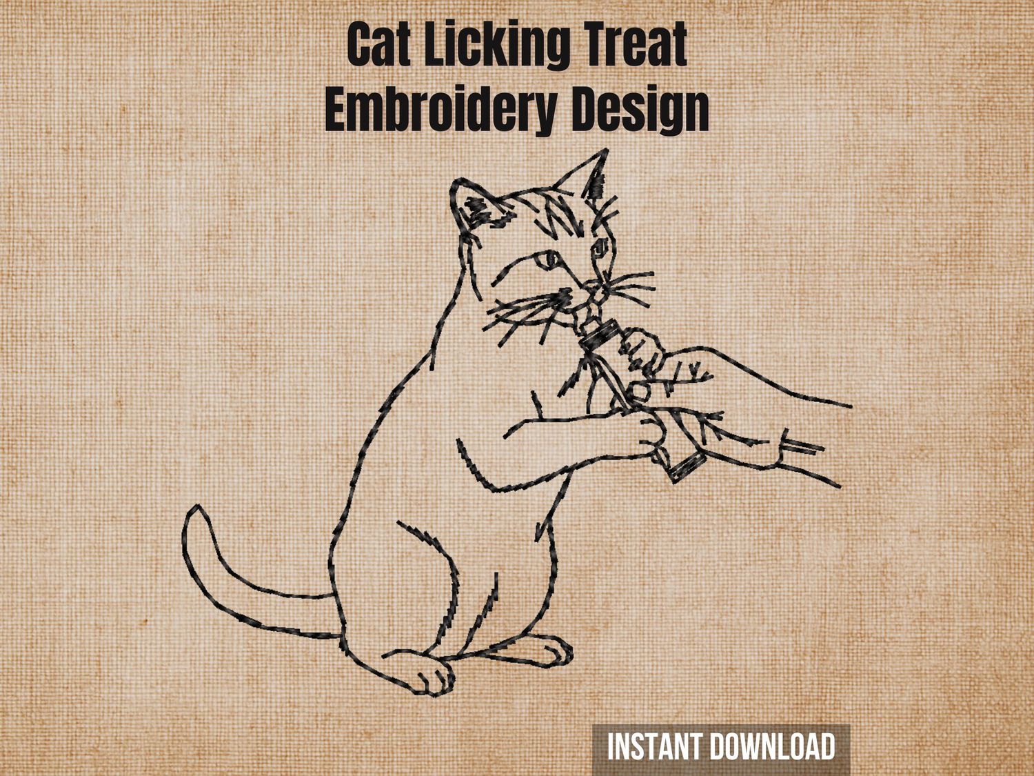 Cat licking treat embroidery design, a minimalist line art portrait of a cat enthusiastically enjoying a snack.