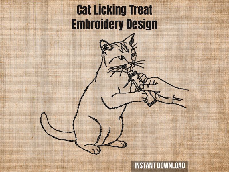 Cat licking treat embroidery design, a minimalist line art portrait of a cat enthusiastically enjoying a snack.