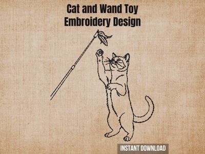 Cat playing with a wand toy embroidery design, minimalist line art, continuous linework, sleek, simple black and white illustration on fabric background.