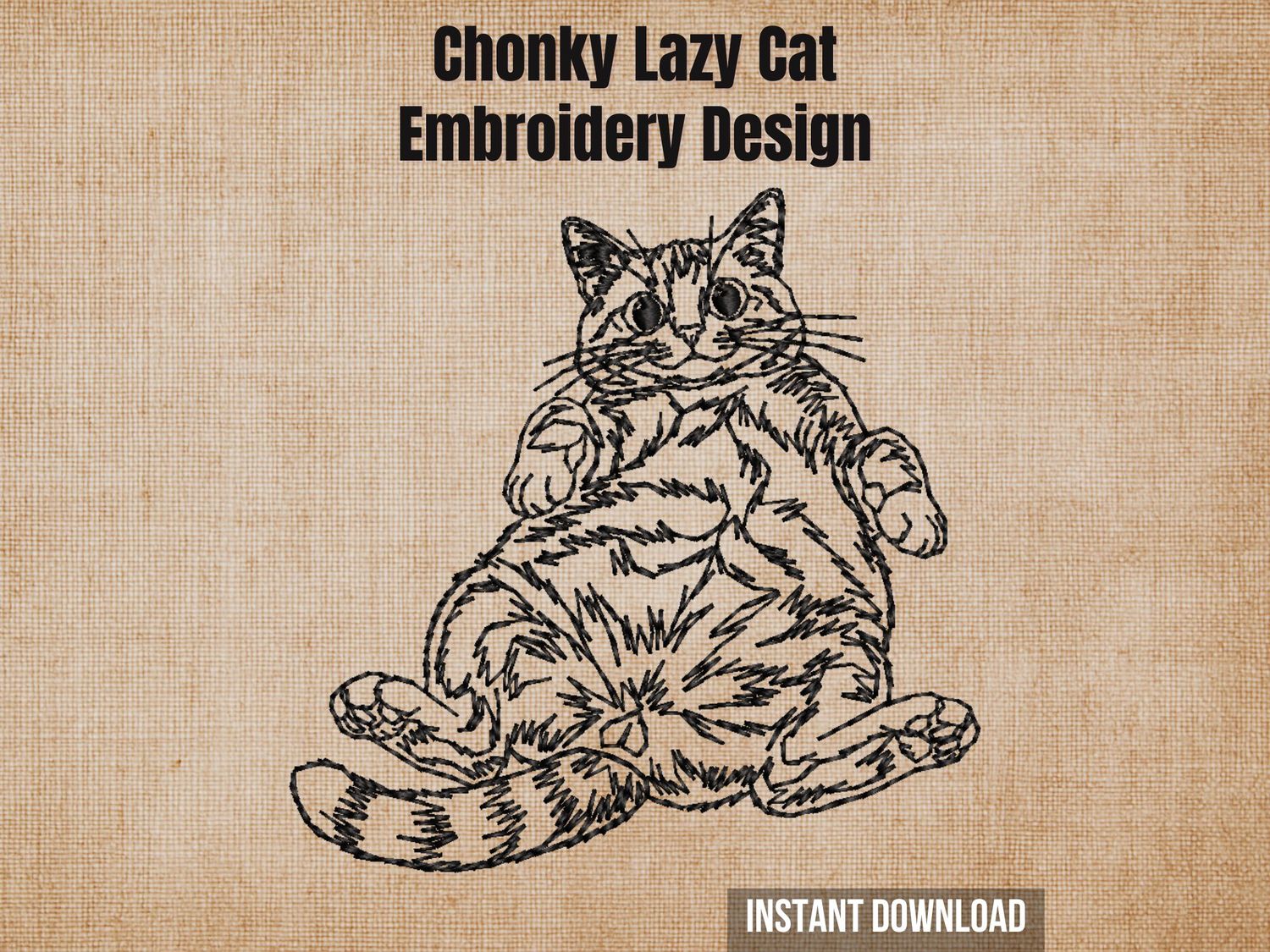 Chonky lazy cat embroidery design, minimalist line art portrait of a blissfully unaware kitty lying on its back, relatable, round, remarkably lazy.