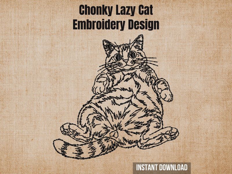 Chonky lazy cat embroidery design, minimalist line art portrait of a blissfully unaware kitty lying on its back, relatable, round, remarkably lazy.