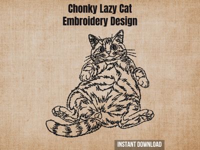 Chonky lazy cat embroidery design, minimalist line art portrait of a blissfully unaware kitty lying on its back, relatable, round, remarkably lazy.