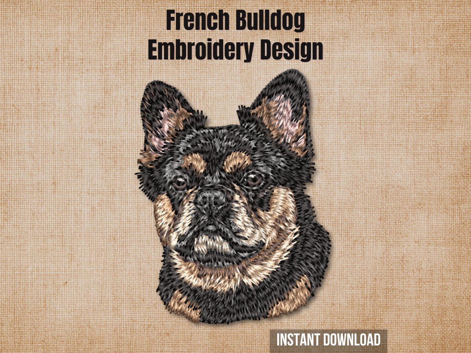 French Bulldog machine embroidery design preview rendered on a textured brown fabric background.