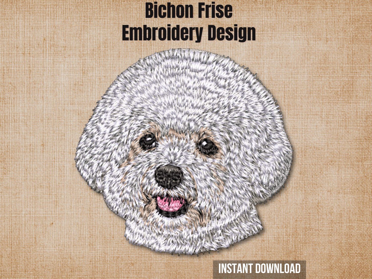 Textured natural burlap background highlighting the Bichon Frise embroidery design with an instant download badge