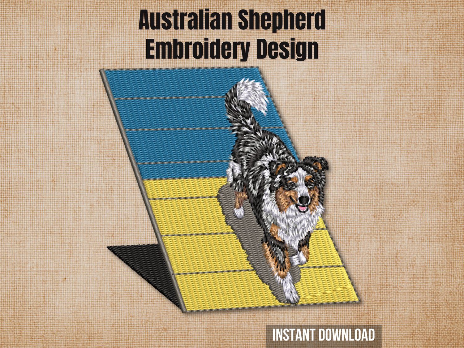 Australian Shepherd embroidery design featuring a blue merle dog on an agility obstacle, multicolor, 4x4 hoop, high action, professional detail.