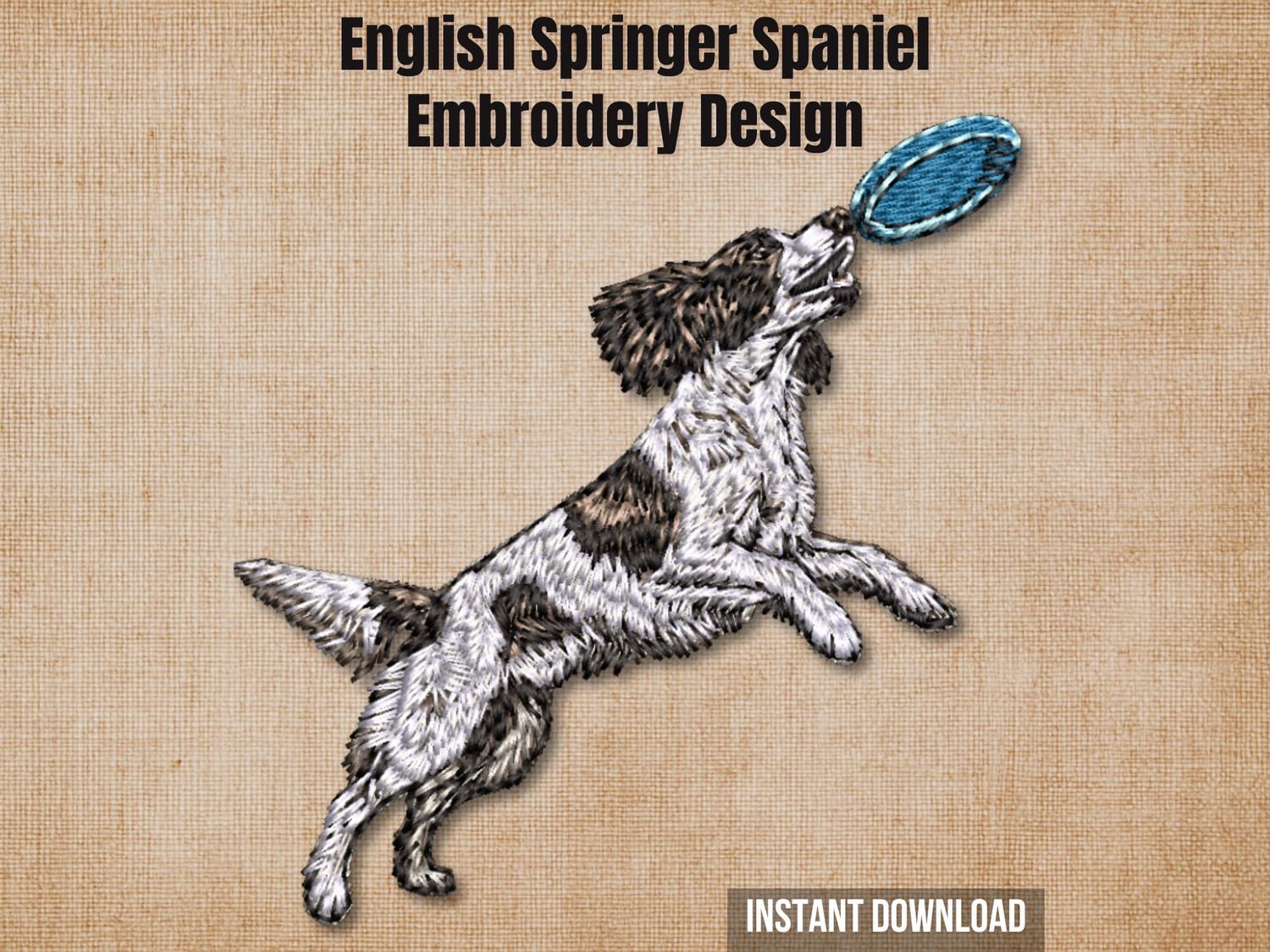 English Springer Spaniel frisbee embroidery design preview card on beige with instant download.