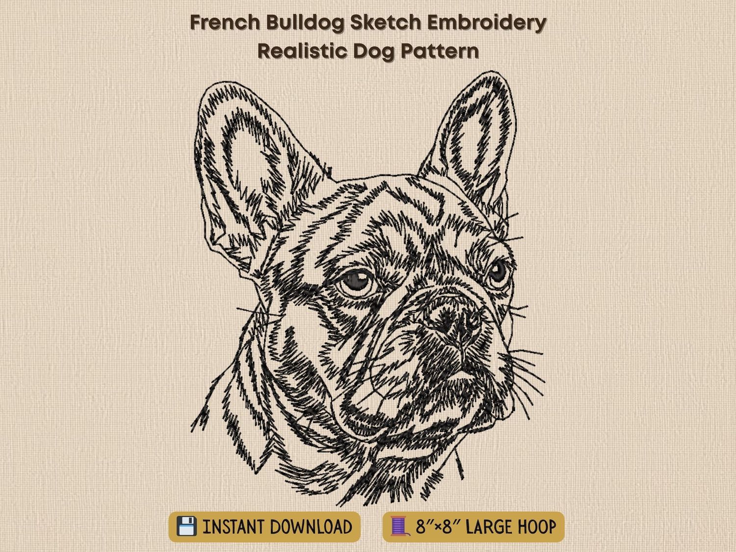 French Bulldog embroidery, realistic black line art with detailed facial wrinkles, digital machine stitch pet pattern.