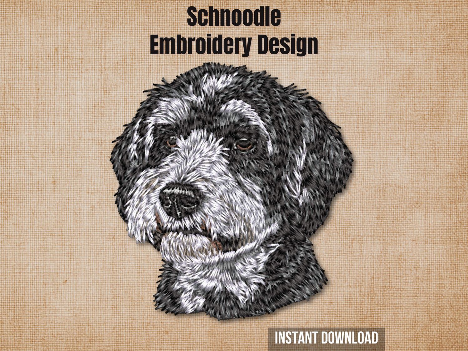 Schnoodle embroidery design preview card on a beige background with instant download text.