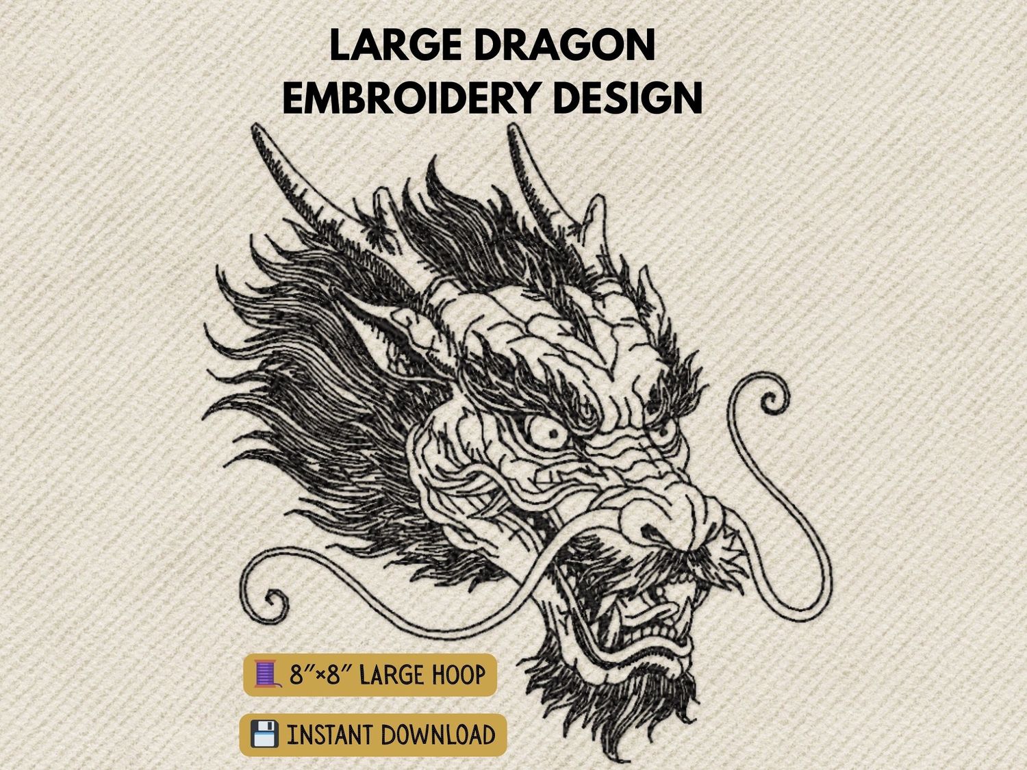 Realistic Chinese dragon head embroidery, detailed black line art, mythical creature portrait, machine stitch pattern.