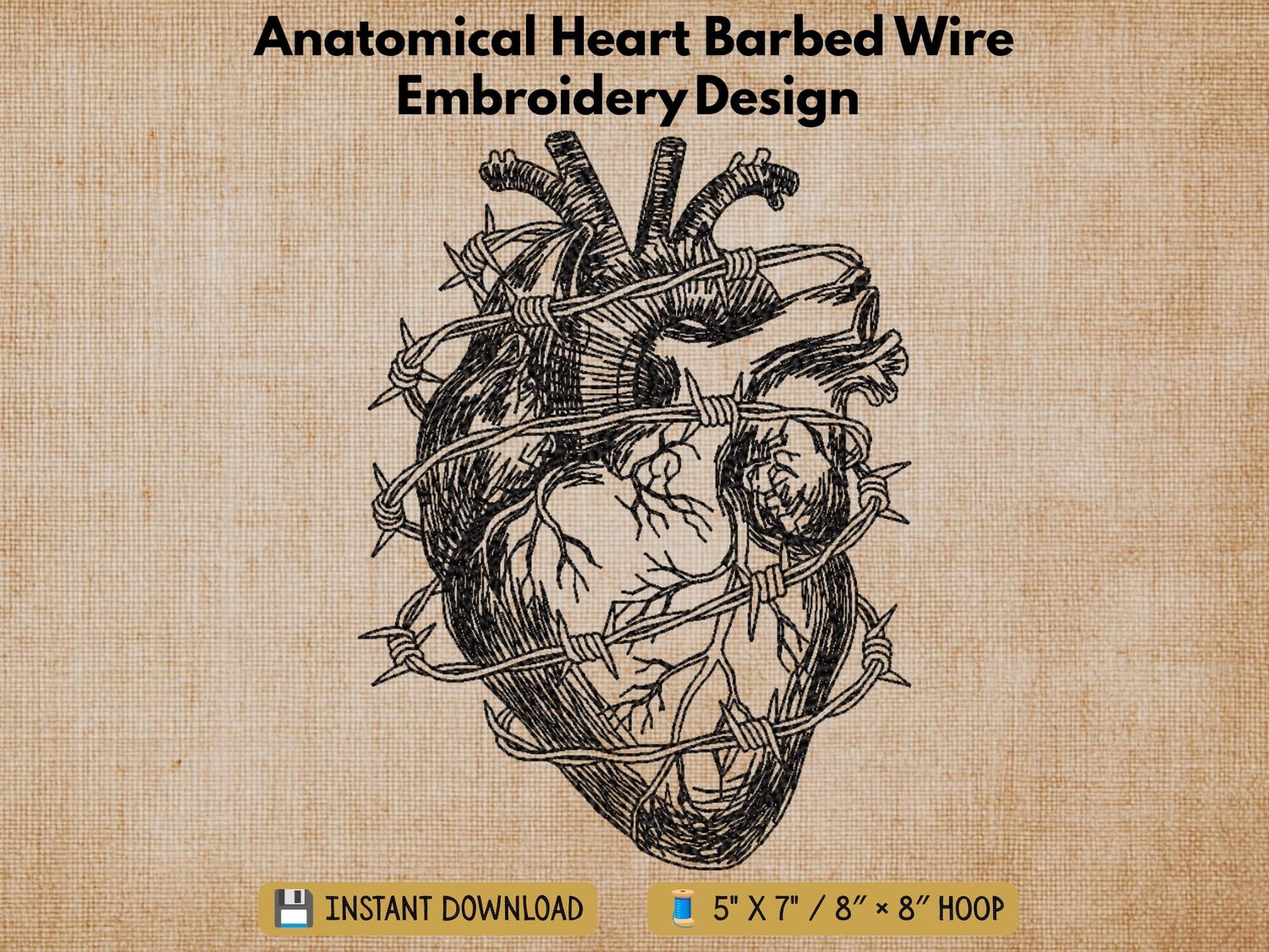 Anatomical Heart Barbed Wire embroidery design preview card with 5x7 and 8x8 hoop sizes.