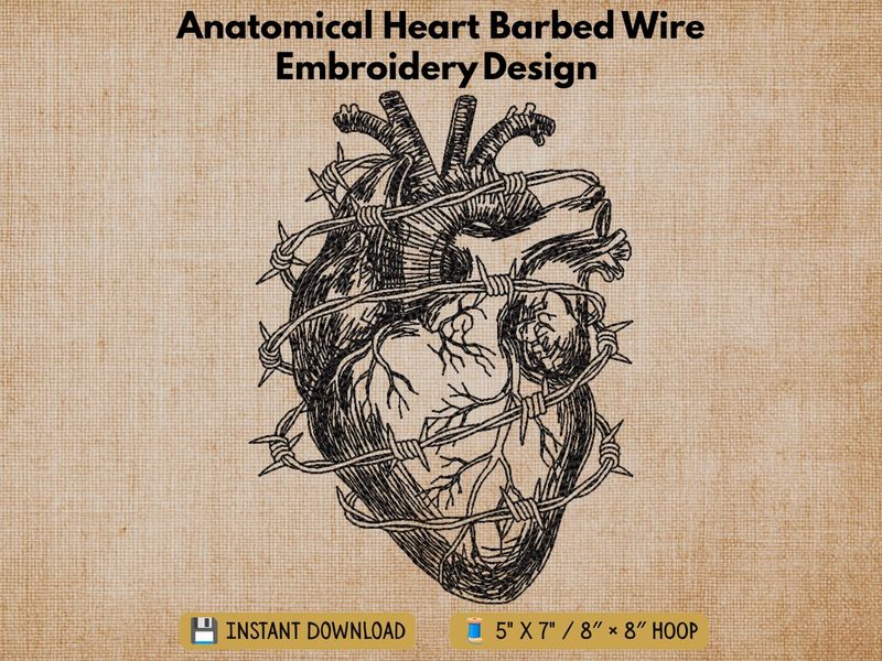 Anatomical Heart Barbed Wire embroidery design preview card with 5x7 and 8x8 hoop sizes.