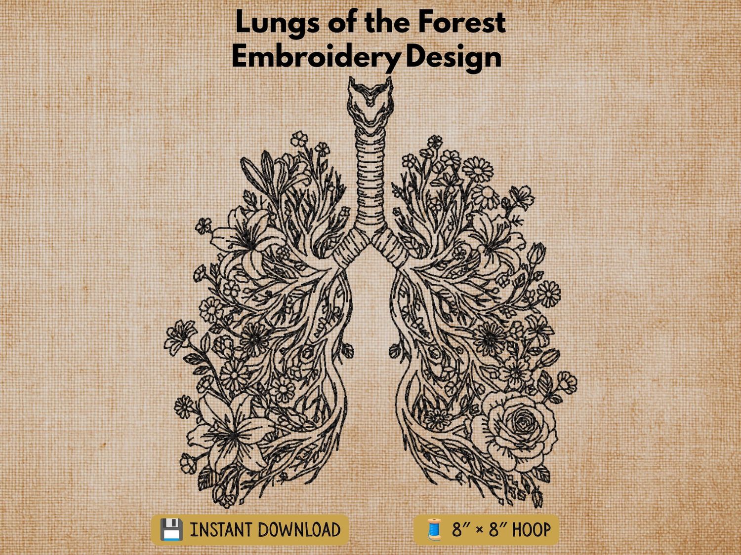 Lungs of the Forest embroidery design preview card on a beige background with instant download text.