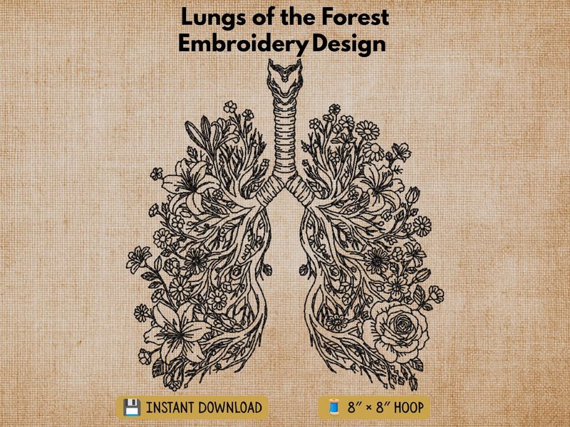 Lungs of the Forest embroidery design preview card on a beige background with instant download text.