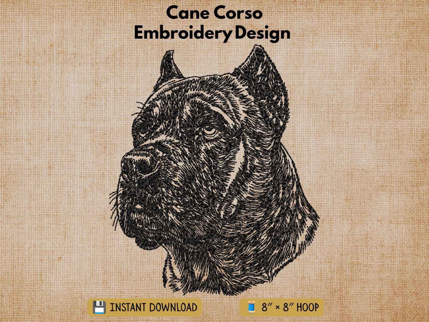 Cane Corso embroidery design preview card on a beige background with instant download text.