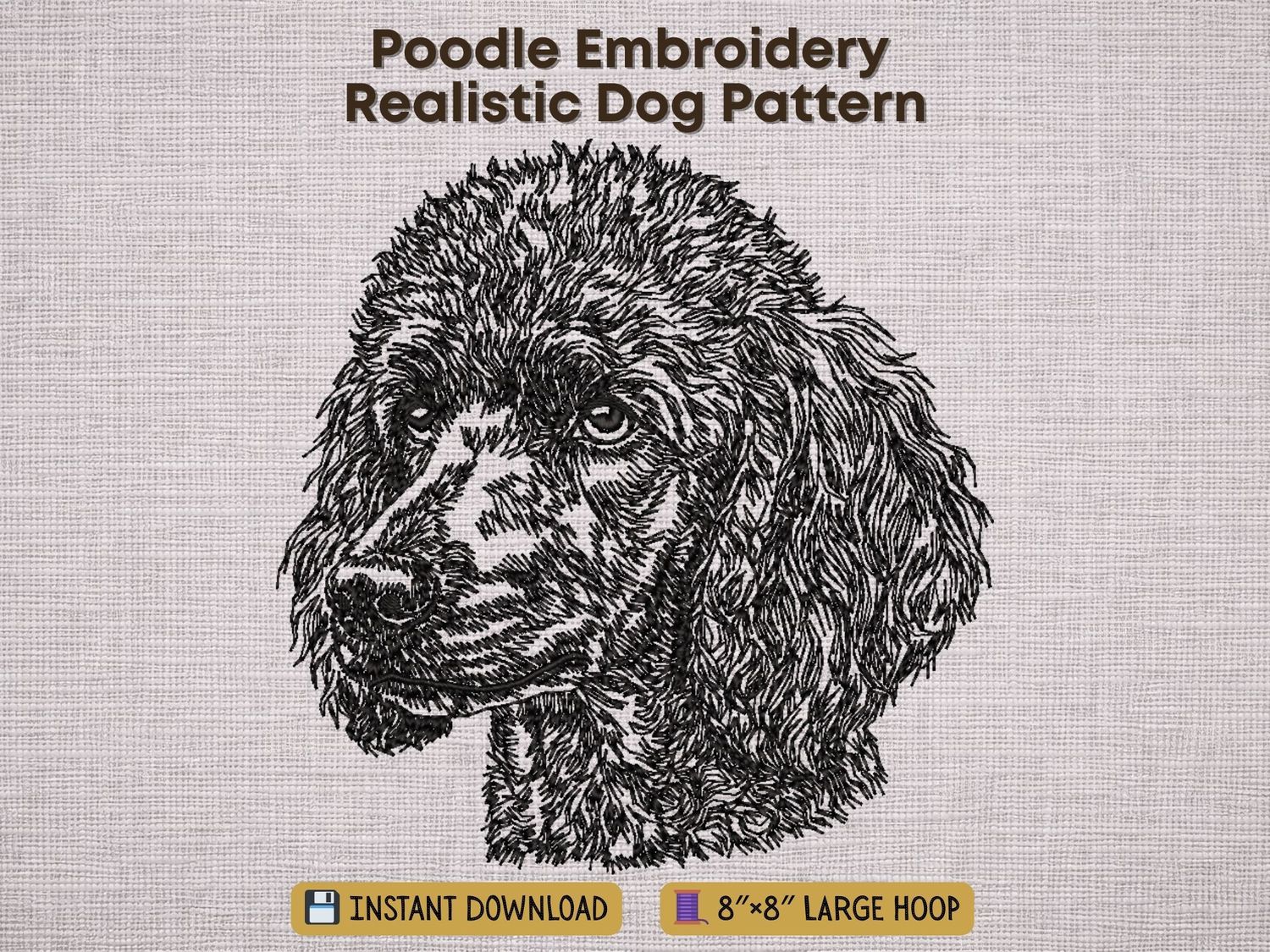 Detailed line art Poodle portrait embroidery design featuring curly fur texture and expressive eyes, realistic pet digitizing