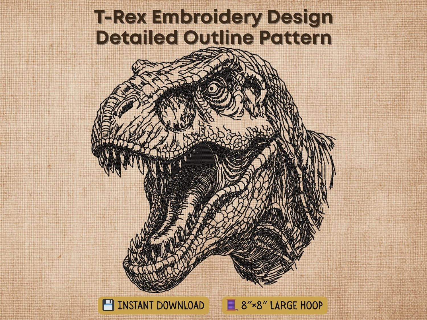 Highly detailed black and white line art T-Rex dinosaur head embroidery design with open jaw and visible teeth
