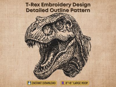 Highly detailed black and white line art T-Rex dinosaur head embroidery design with open jaw and visible teeth