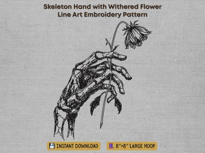 Black line-art embroidery of a skeleton hand holding a withered flower, on textured gray fabric with banner text.