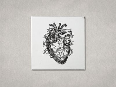Black machine-embroidered anatomical heart with barbed wire on a white gallery-wrapped canvas. Minimalist grey background.