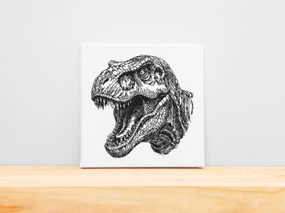 High-precision black machine embroidery of a Tyrannosaurus Rex head with an open roar on a white stretched canvas frame.