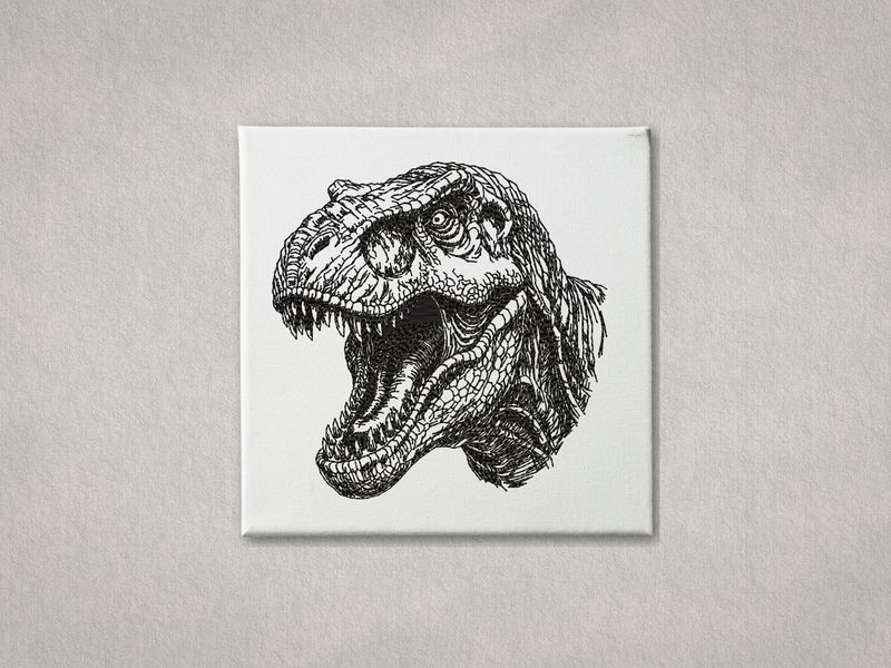 Detailed black embroidered T-Rex head on white gallery-wrapped canvas. Minimalist grey textured wall background.