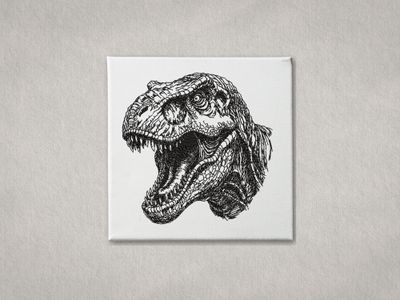 Detailed black embroidered T-Rex head on white gallery-wrapped canvas. Minimalist grey textured wall background.