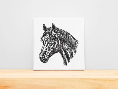 High-precision black machine embroidery of a detailed horse head in profile on a white stretched canvas frame.
