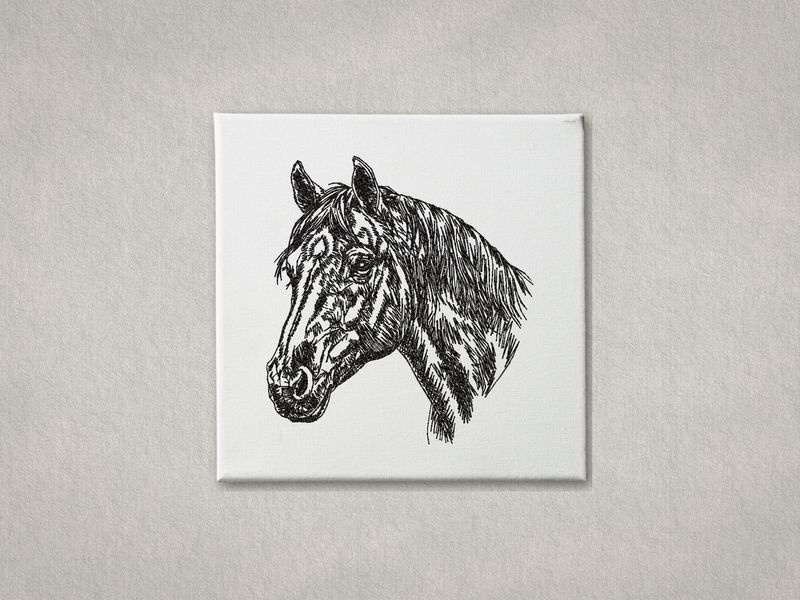 Detailed black embroidered horse head portrait on white gallery-wrapped canvas. Minimalist grey textured wall background.