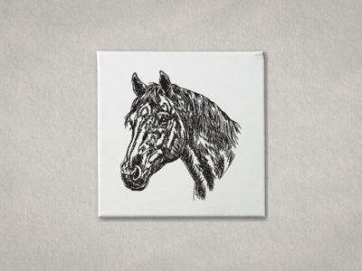 Detailed black embroidered horse head portrait on white gallery-wrapped canvas. Minimalist grey textured wall background.