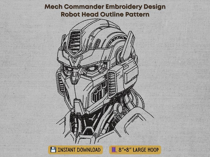 Black line-art embroidery of a robotic mech head, featured on a textured gray fabric panel with heading text.