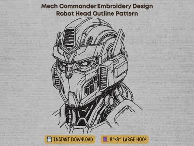Black line-art embroidery of a robotic mech head, featured on a textured gray fabric panel with heading text.