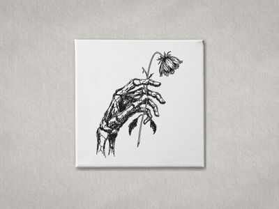Black embroidered skeletal hand holding a wilted flower on white gallery-wrapped canvas. Minimalist grey wall background.