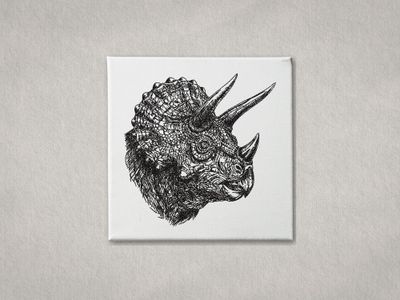 Detailed black embroidered Triceratops head on white gallery-wrapped canvas. Minimalist grey textured wall background.