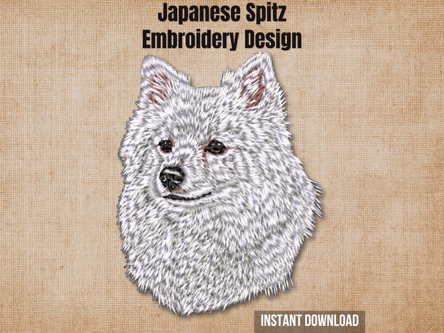 Japanese Spitz embroidery design preview card on a beige background with instant download text.