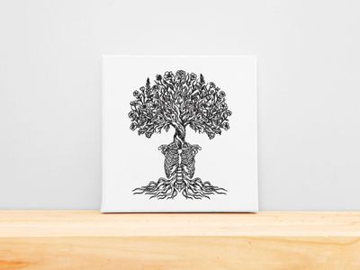 High-precision black embroidery of a human ribcage growing into a blooming floral tree on a white stretched canvas frame.
