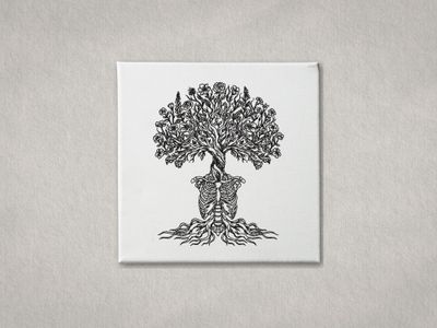 Intricate embroidered skeleton tree of life on a white gallery-wrapped canvas. Centered against a textured grey background.