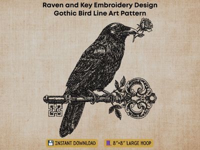 Black line-art embroidery of a raven perched on an ornate key holding a rose, on a beige background with header text.